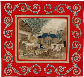 Figure 1 - Wool intarsia panel depicting a farmyard scene, maker unknown, about 1850. Museum no. AP.27-1917