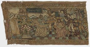 Scene from the Passion of Christ, part of an embroidered valance, unknown maker, France/Scotland, late 16th century, silk thread on canvas. Museum no. CIRC.402-1911. © Victoria and Albert Museum, London