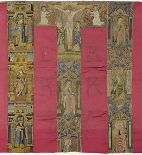 Embroidered altar frontal, unknown maker, England, about 1600, satin with silk embroidery. Museum no. 817-1901. © Victoria and Albert Museum, London