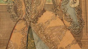 Figure 23 - Detail of gown and the bottom of left sleeve, Mademoiselle Subligny dansant a l’Opera, Jean Mariette (publisher), 1688-1709. Museum no. 1197-1875, given by Lady Wyatt, photography by Alice Dolan