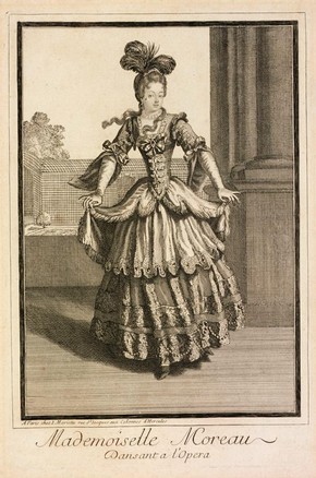 Figure 21 - Engraving, Mademoiselle Moreau Dansant a l’Opera, Jean Mariette (publisher), Paris, about 1660-1742. Museum no. 4957-1968, given by Dame Marie Rambert