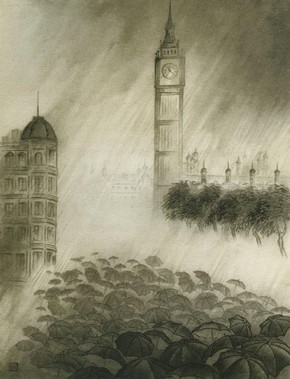 Figure 4 - 'Umbrellas under Big Ben', Chiang Yee, 1938, ink on paper, reproduced as plate V in 'The Silent Traveller in London' (1938)