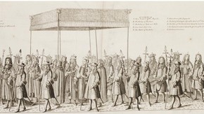 Engraving Showing the Canopy Held Over James II from Francis Sandford, The History of the Coronation of James II, London, 1687, V&A: National Art Library