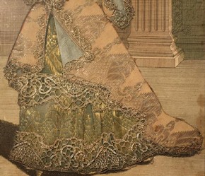 Figure 24 - Detail of gown and the bottom of left sleeve, Mademoiselle Subligny dansant a l’Opera, Jean Mariette (publisher), 1688-1709. Museum no. 1197-1875, given by Lady Wyatt, photography by Alice Dolan