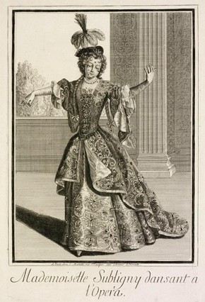 Figure 2 - Engraving, Mademoiselle Subligny Dansant a l’Opera, Jean Mariette (publisher), Paris, about 1688-1709. Museum no. 4956-1968