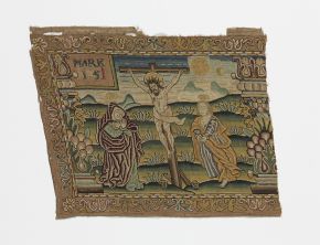 Scene from the Passion of Christ, part of an embroidered valance, unknown maker, France/Scotland, late 16th century, silk thread on canvas. Museum no. CIRC.403-1911. © Victoria and Albert Museum, London