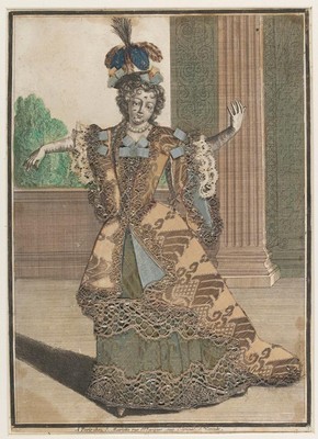 Figure 1 - Engraving, Mademoiselle Subligny dansant a l’Opera, Jean Mariette (publisher), about 1688-1709, hand coloured with applied silks and bobbin lace. Museum no. 1197-1875