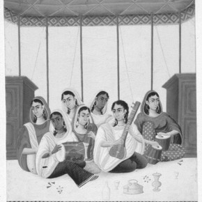 Figure 3. Group of Female Musicians, after conservation, showing retouching on Melinex.