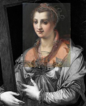 Figure 1 - Overlay showing the larger version of St Helena, (Francesco Morandini, around 1575, Walters Art Museum, Baltimore accession no. 37.1096) with the V&amp;A version overlaid in colour. Photography courtesy of Ruth Bowler and Gabriella Macaro.