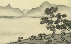 Figure 3 - 'Cows in Derwentwater', 1937, ink on paper, reproduced in 'The Silent Traveller: A Chinese Artist in Lakeland' (1937)