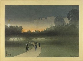 Figure 6 - 'Buckingham Palace, London, seen across the Green Park at dusk', Yoshio Markino, circa 1911, woodblock print. Museum number E.820-1949