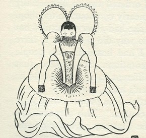 Figure 8 - Sketch, 'The head of the Chinese lady would not even emerge from the Elizabethan skirt', Chiang Yee, 1938, ink and pencil on paper, reproduced in 'The Silent Traveller in London' (1938)