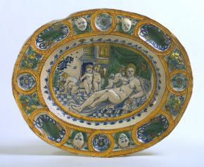 Dish decorated with figures emblematic of 'Fecundity', unknown maker, earthenware, Southwark, London, about 1635, tin-glazed earthenware, press-moulded and painted. Museum no. C.32-1928. © Victoria and Albert Museum, London