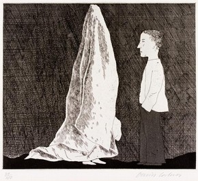 Figure 6 - 'The Sexton disguised as a Ghost', Six Fairy Tales from the Brothers Grimm, David Hockney, England, 1969-70, etching. Museum no. CIRC.152-1971