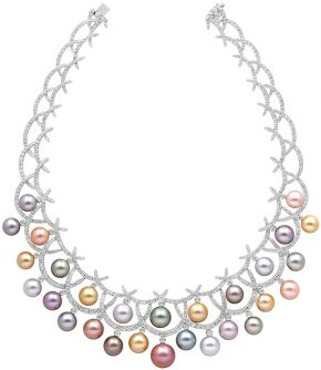 Necklace from the Carnevale Collection, made by Yoko, London, 2013, 18 carat white gold, diamonds, natural colour pink and orange freshwater pearls, golden Indonesian South Sea and white Australian South Sea pearls, grey and blue Tahitian pearls. © Yoko London