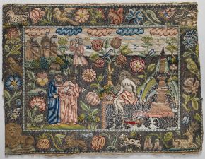 Susanna and the Elders, embroidered picture, unknown maker, England, mid-17th century, silk and metal thread on canvas. Museum no. 64.101.1300. © Metropolitan Museum of Art, New York