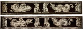 Two details from the backgammon boards showing monsters, sphinxes and masks
