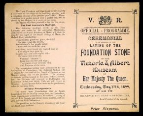 Official programme for the laying of the Foundation Stone of the Victoria & Albert Museum, unknown maker, London, 1899, letterpress, blue ink on pink paper. Museum no. E.1458-1984. © Victoria and Albert Museum, London