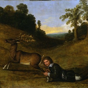 A Man Grasping the Hind Legs of a Stag, unknown artist, 17th century. Museum no. W.19-1945