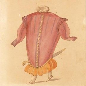 Ballet costume design for A Hocricane in La Douairère de Dillebahaut, watercolour drawing with handwritten annotation, France, 1626