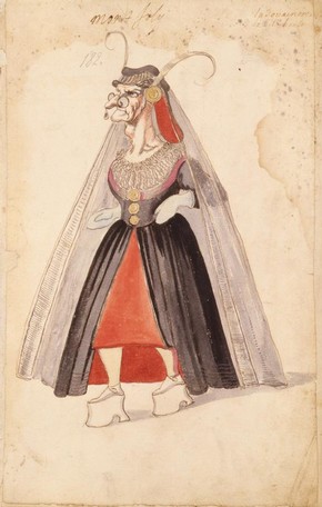 Ballet costume design for The Old Dowager in La Douairère de Dillebahaut, watercolour drawing with handwritten annotation, France, 1626