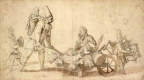 Itinerant Commedia dell'Arte performers, anonymous pencil and wash drawing, undated. Museum no. S.726-1997. © Victoria and Albert Museum, London