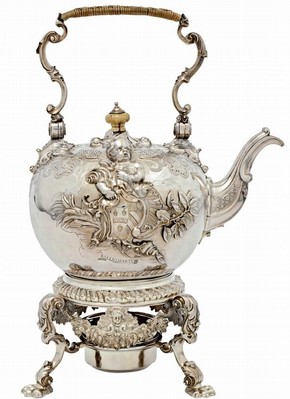 Silver kettle with ivory finial on cover and silver stand and lampm, Paul de Lamerie, London, 1736-38. Museum no. LOAN:GILBERT.675:1 to 4-2008, © Victoria and Albert Museum, London