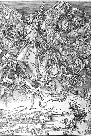 Figure 2. 'Apocalypse' woodblock of 'St Michael and his Angels fighting the Dragon' (25100:5), Albrecht Durer (Photography by Ann Marsh)