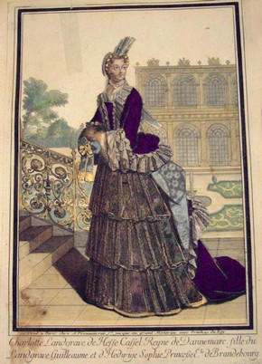 Figure 5 - Engraving, Charlotte Landgrave de Hesse Cassel Reyne de Dannemarc, Antoine Trouvain, published in Paris, late 17th or early 18th century. Museum no. E.835-1900