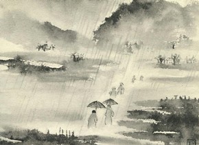 Figure 2 - 'Going to church in the rain, Wasdale Head', 1937, ink on paper, reproduced in ‘The Silent Traveller: A Chinese Artist in Lakeland’ (1937)