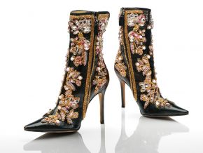 Ankle boots, black leather stiletto heels with gold, white and pink embroidery, designed by Dolce & Gabbana, Spring/Summer 2001. Photo © Victoria and Albert Museum, London.