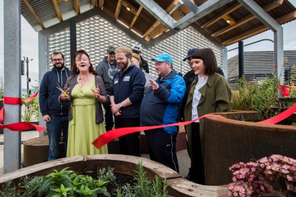 The co-design team and Peter Nurick, V&amp;A Dundee Communities Producer, cut the ribbon at the official opening of the V&amp;A Dundee Community Garden. September 2017.