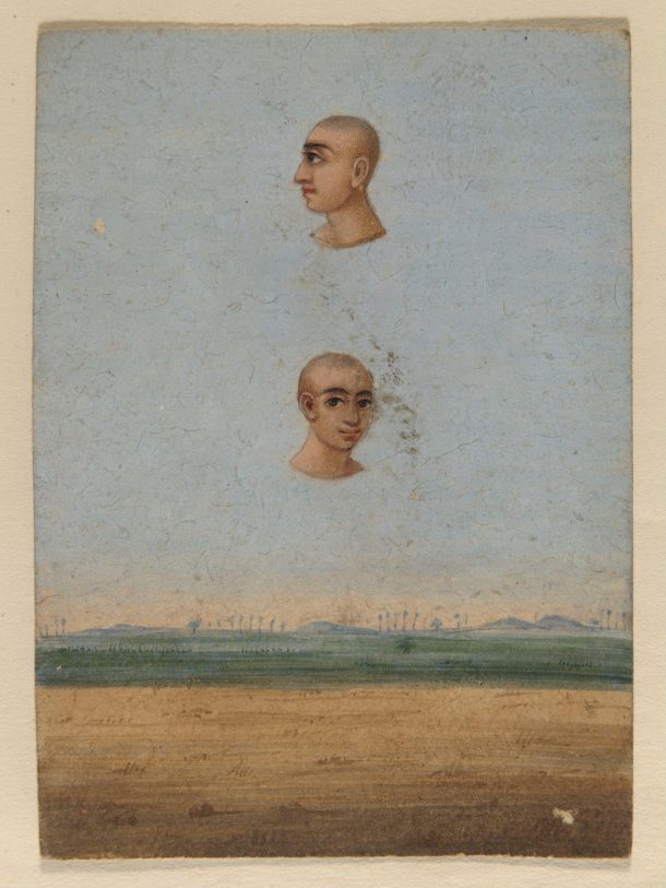 Surreal landscape with two floating heads in profile