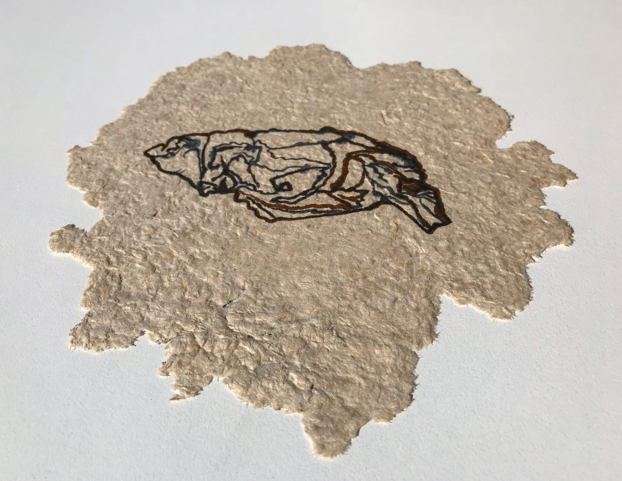 A piece of remade paper, with a drawing of the original crumpled leaflet