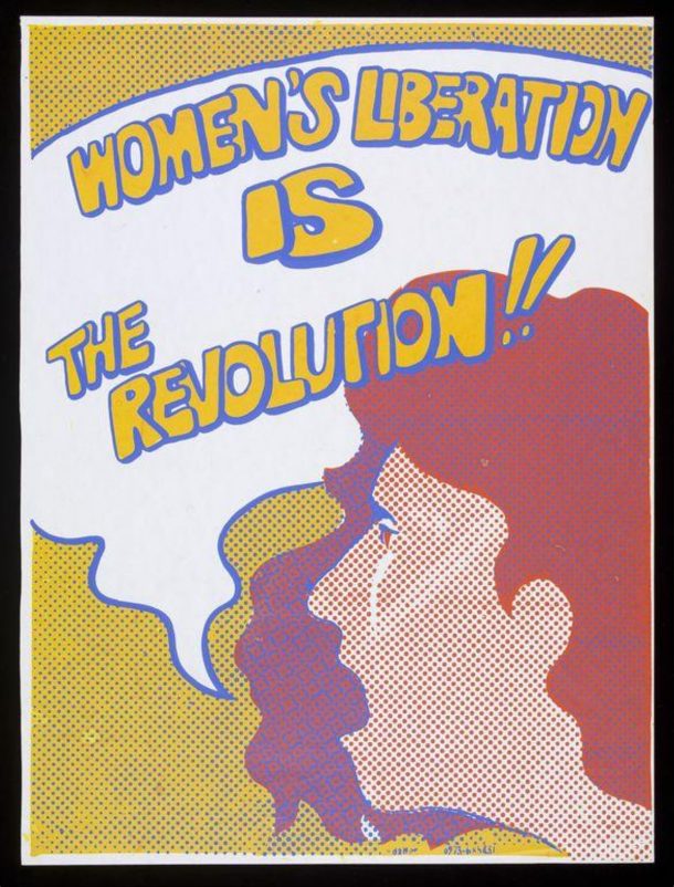 Printed poster showing a woman looking to the left