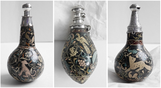 Three richly decorated flasks made from gourds