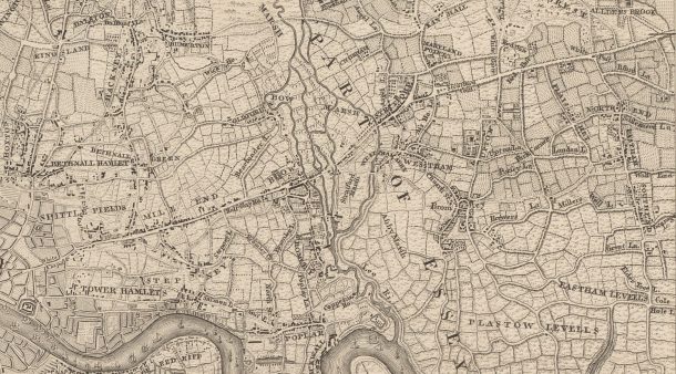 historic map which shows the River Lea and Stratford High Street