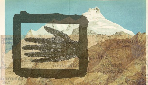 A mountain range superimposed with a picture of a hand.