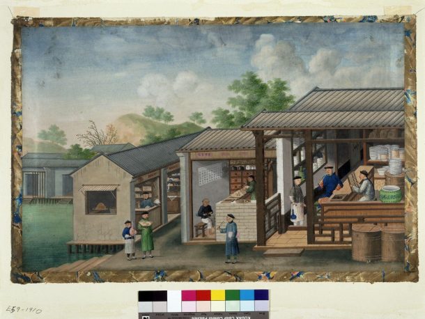 Watercolour showing the several figures working in a shop in Canton