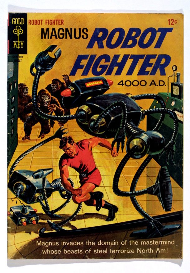 Cover of a comic showing a man fighting with a tentacled robot