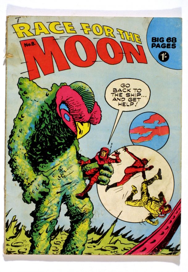 Cover of a comic showing a monster attacking three astronauts