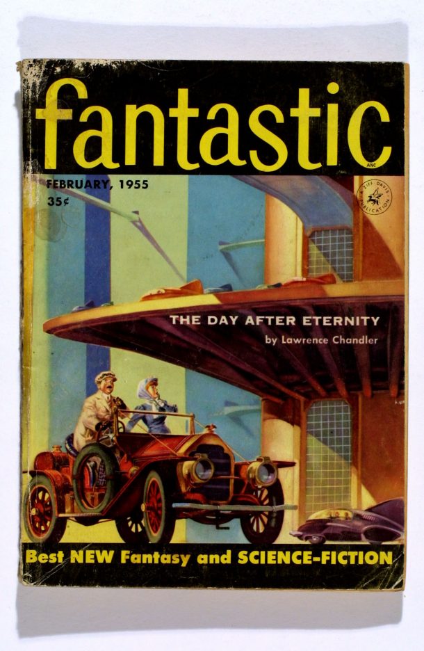 Cover of a magazine showing a futuristic building with an early car