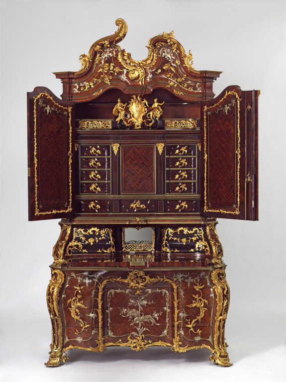 The inside of our mid-18th century 'Augustus Rex' writing cabinet V&A W.63-1977