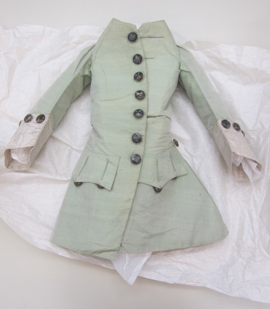 This coat forms part of one of my favourite objects - a miniature three-piece suit, consisting of a coat, waistcoat and breeches, that date from about 1760-65. Textile conservation will be mounting the suit on a made-to-measure mannequin for both photography and display. V&A T.282-1978