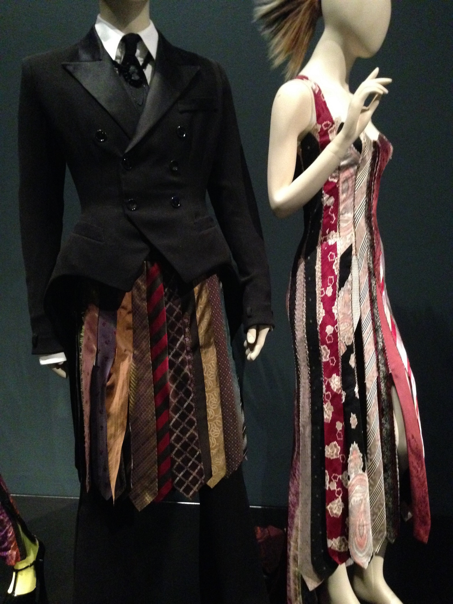 Women's dress and Men's kilt made using ties, Barbican. © Katherine Elliott, 2014