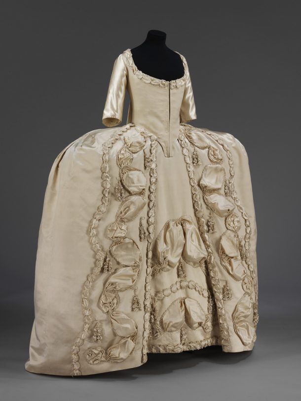 Silk sack-back gown, thought to have been worn by a new bride for her presentation at court, 1775-1780 