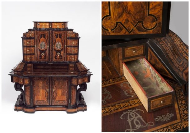 The inside of one of the many drawers from an imposing 1716 writing cabinet. Made in Würzburg by Jacob Arend of  Koblenz and Johannes Wittalm of Vienna, working for Servatius Arend, the court  cabinet-maker in Würzburg. V&A W.23-1975