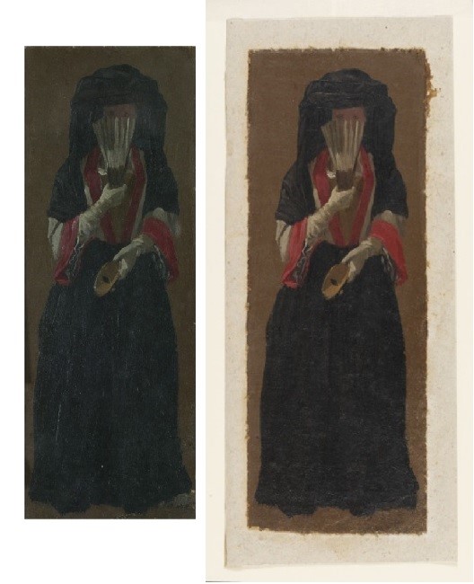 Before and after recent conservation work. 'A Lady Seen in Full Face', oil painting, Luca Carlevarijs, probably Italy, ca.1700-1710 V&A P.78-1938