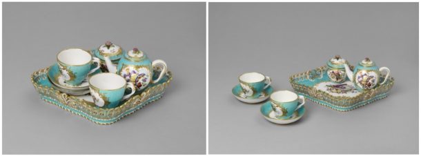 The pieces that make up this 1761 Sèvres tea service have been photographed individually and also together in these groupings, suggestive of their use.
