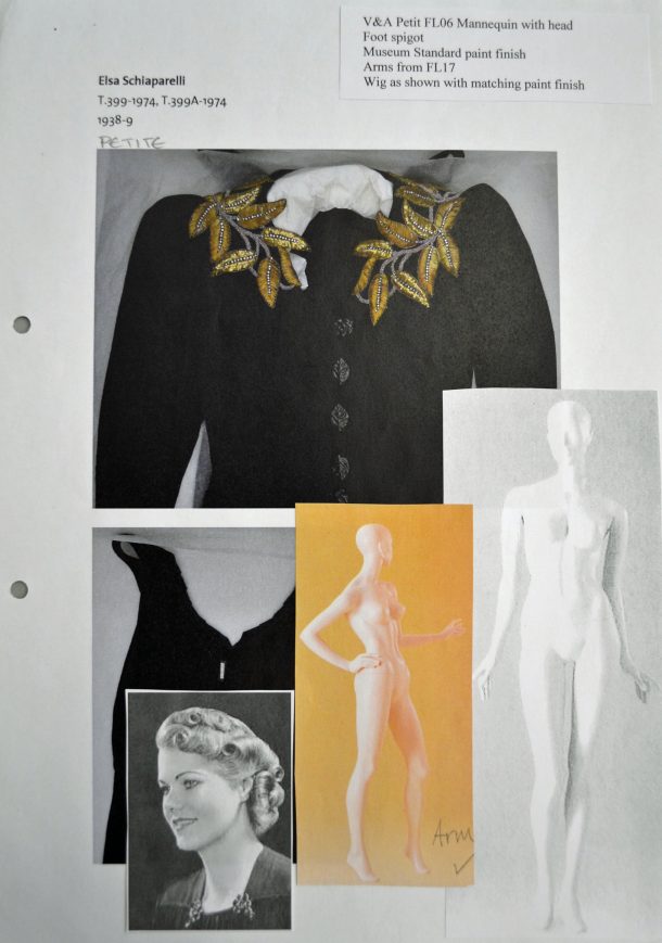Work sheet with mannequin and wig information for the Schiaparelli Dress and Jacket ensemble